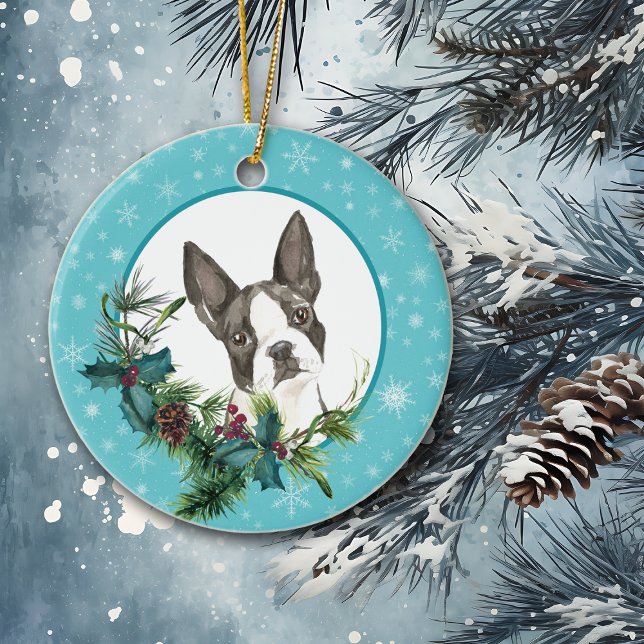 Boston Terrier Snowflake Blue Bouquet Keramik Ornament (Von Creator hochgeladen)