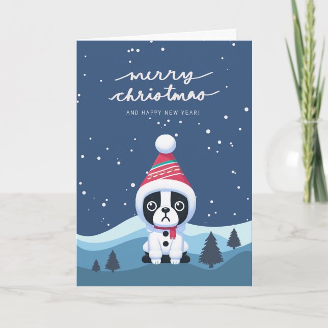 Boston Terrier Snowy Hills Weihnachtskarte Dankeskarte (Vorderseite)
