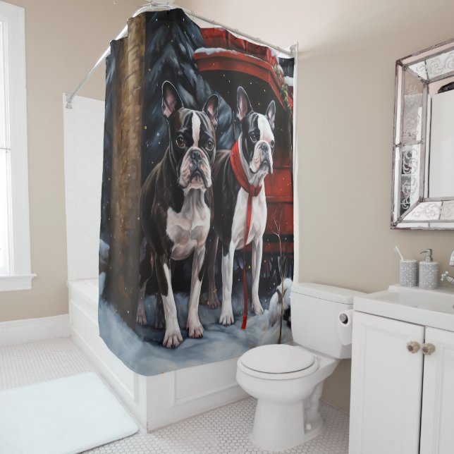 Boston Terrier Snowy Sleigh Weihnachtsdekor Duschvorhang (Beispiel)