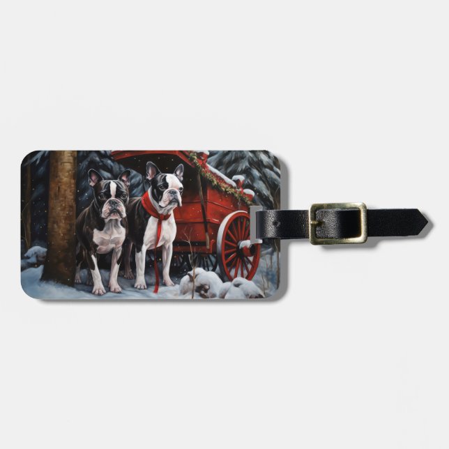 Boston Terrier Snowy Sleigh Weihnachtsdekor Gepäckanhänger (Vorderseite horizontal)