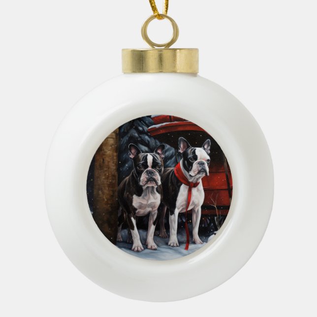 Boston Terrier Snowy Sleigh Weihnachtsdekor Keramik Kugel-Ornament (Vorderseite)
