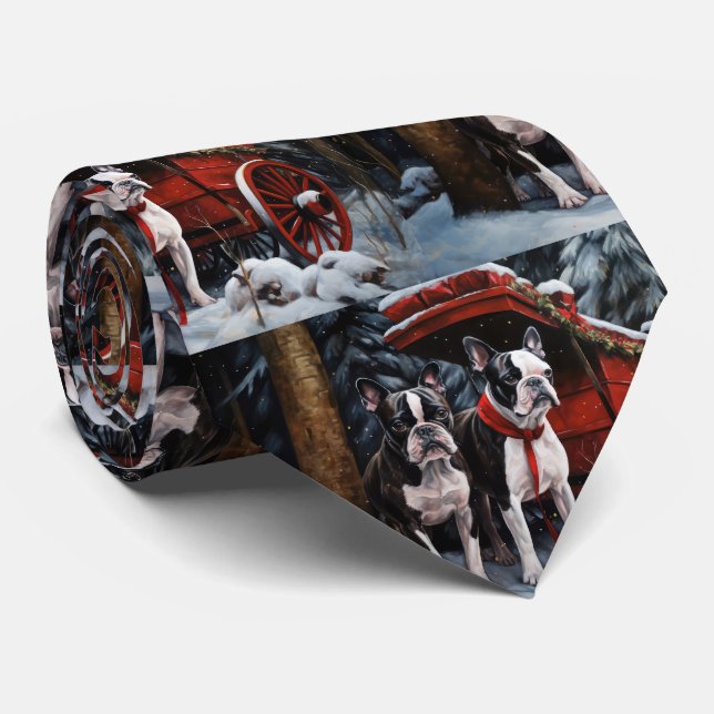 Boston Terrier Snowy Sleigh Weihnachtsdekor Krawatte (Gerollt)