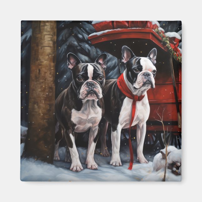 Boston Terrier Snowy Sleigh Weihnachtsdekor Magnet (Vorne)