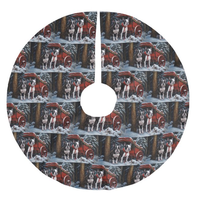 Boston Terrier Snowy Sleigh Weihnachtsdekor Polyester Weihnachtsbaumdecke (Vorderseite)