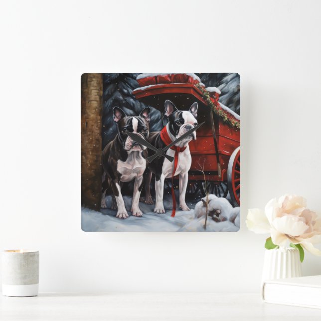 Boston Terrier Snowy Sleigh Weihnachtsdekor Quadratische Wanduhr (Zuhause)