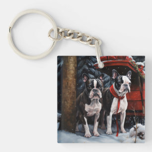 Boston Terrier Snowy Sleigh Weihnachtsdekor Schlüsselanhänger