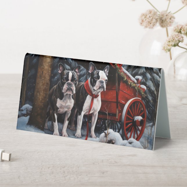 Boston Terrier Snowy Sleigh Weihnachtsdekor Tischaufsteller (In Situ (Tisch))