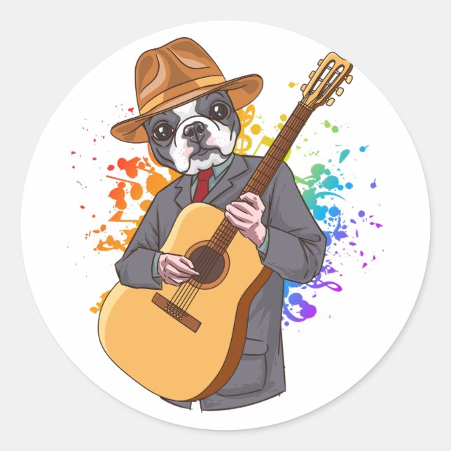 Boston Terrier spielt akustische Gitarre Runder Aufkleber (Vorderseite)