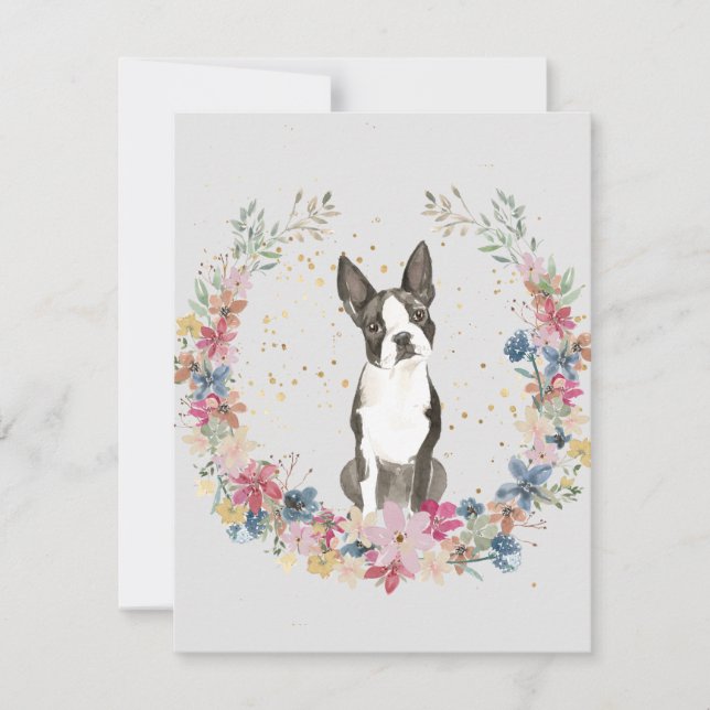 Boston Terrier Spring Flowers Monogram Mitteilungskarte (Vorderseite)