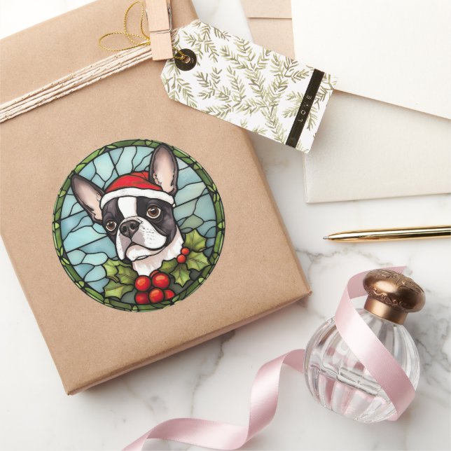 Boston Terrier Stected Glass Christmas Runder Aufkleber (Schenken)
