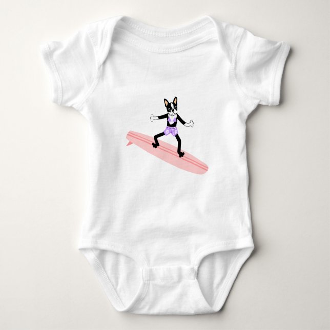 Boston Terrier Surfer Girl Baby Strampler (Vorderseite)