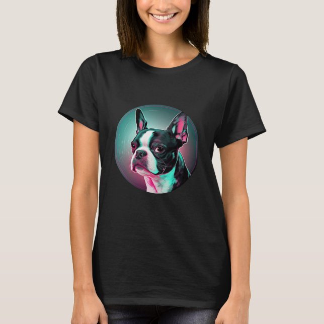 Boston Terrier Synthwave 80s Retrowave Aesthetic T-Shirt (Vorderseite)