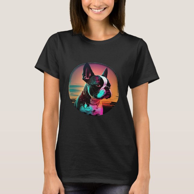 Boston Terrier Synthwave 80s Retrowave Aesthetic   T-Shirt (Vorderseite)