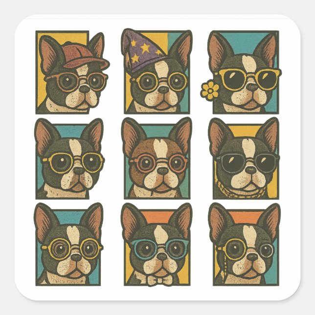 Boston Terrier Trendsetter Quadratischer Aufkleber (Vorderseite)
