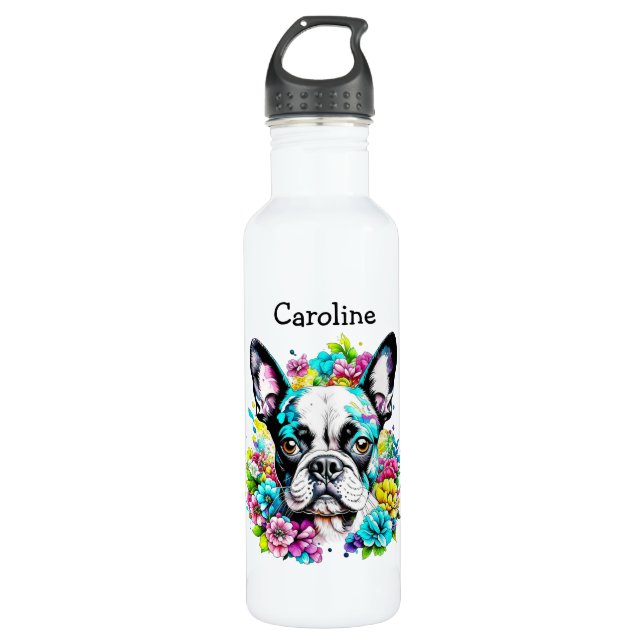 Boston Terrier umgeben von Personalisierten Blume Edelstahlflasche (Vorderseite)