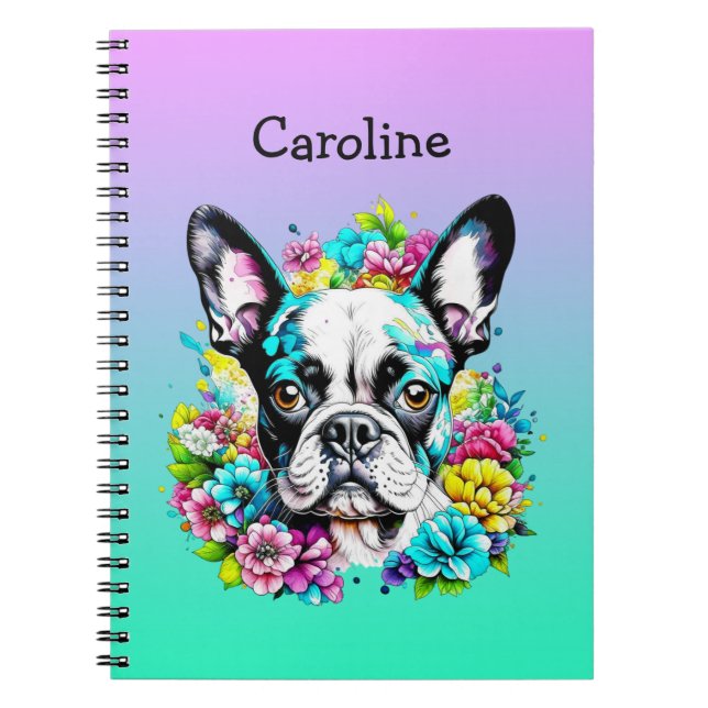 Boston Terrier umgeben von Personalisierten Blume Notizblock (Vorderseite)