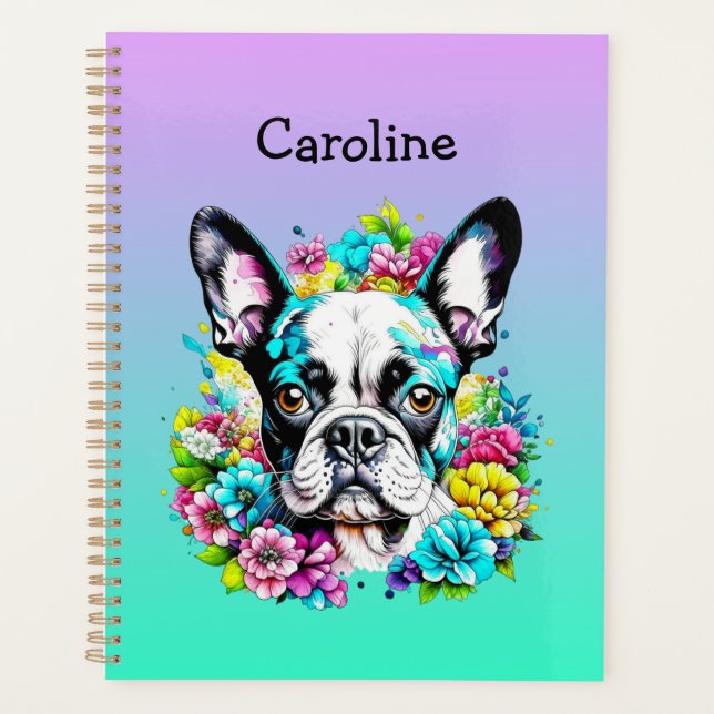 Boston Terrier umgeben von Personalisierten Blume Planer (Vorderseite)