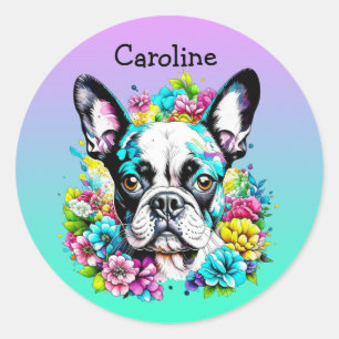 Boston Terrier umgeben von Personalisierten Blume Runder Aufkleber
