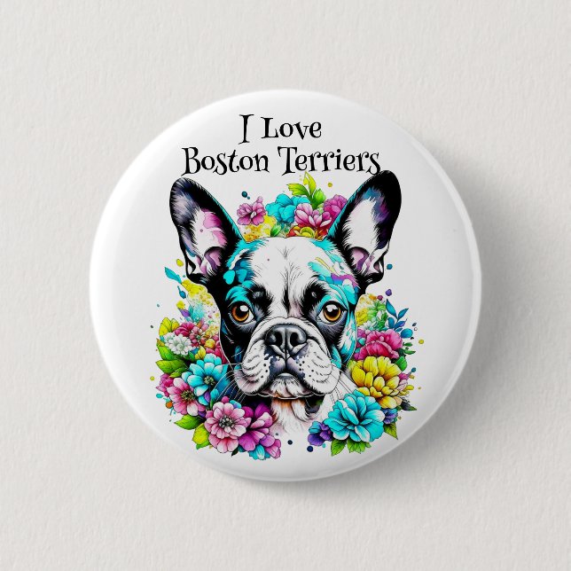 Boston Terrier und Blumen Button (Vorderseite)