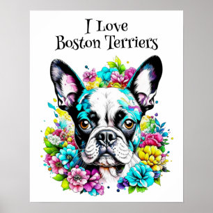Boston Terrier und Blumen Poster