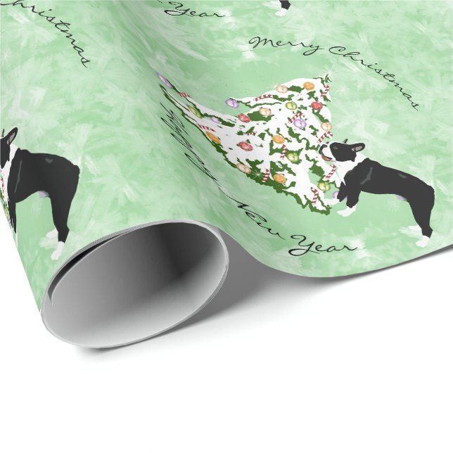 Boston Terrier und Weihnachtsbaum Geschenkpapier (Rolleneckpunkt)