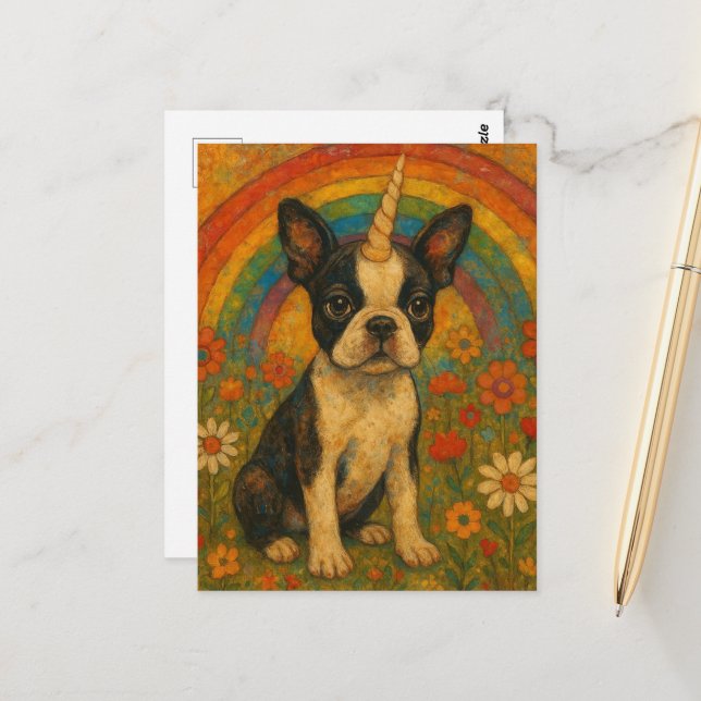 Boston Terrier Unicorn Puppy und ein Regenbogen Postkarte (Vorderseite/Rückseite Beispiel)