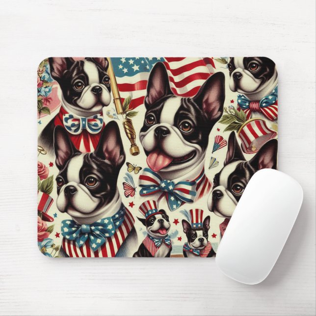 Boston Terrier Vintag Seamless Illustration Mousepad (Mit Mouse)
