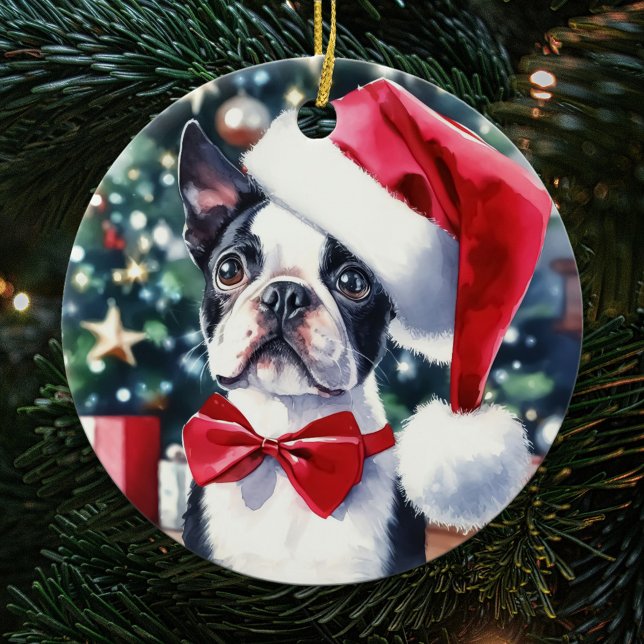 Boston Terrier Watercolor Weihnachten Keramik Ornament (Von Creator hochgeladen)