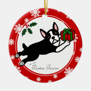 Boston Terrier Weihnachten 2 Cartoon Schneeflocken Keramik Ornament