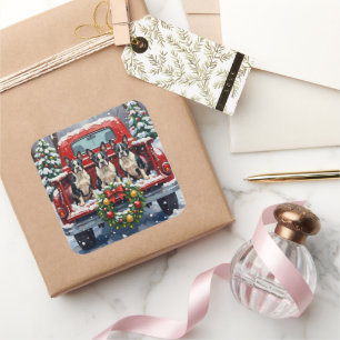 Boston Terrier Weihnachten Rotes Lastwagen Urlaub Quadratischer Aufkleber