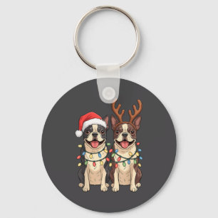 Boston Terrier Weihnachten Santa Hut Rentier Licht Schlüsselanhänger