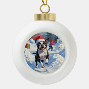 Boston Terrier Weihnachtliche Schneelandschaft Keramik Kugel-Ornament