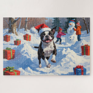 Boston Terrier Weihnachtliches Schneeszenario