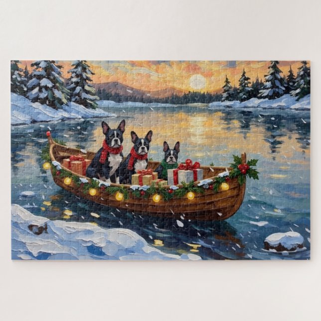 Boston Terrier Weihnachtsboot Urlaub (Horizontal)