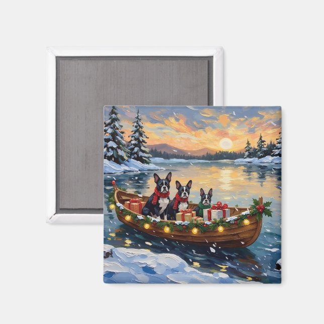 Boston Terrier Weihnachtsboot Urlaub Magnet (Vorderseite/Rückseite)