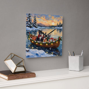 Boston Terrier Weihnachtsboot Urlaub Quadratische Wanduhr