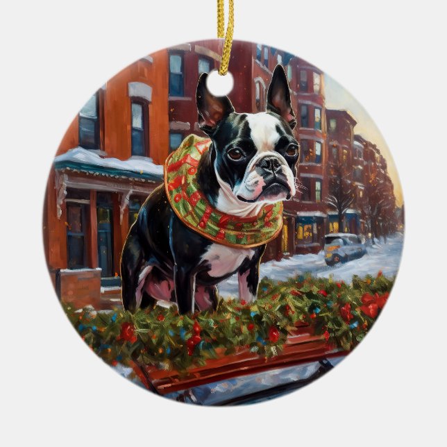 Boston Terrier Weihnachtsfeiertage Keramik Ornament (Vorne)