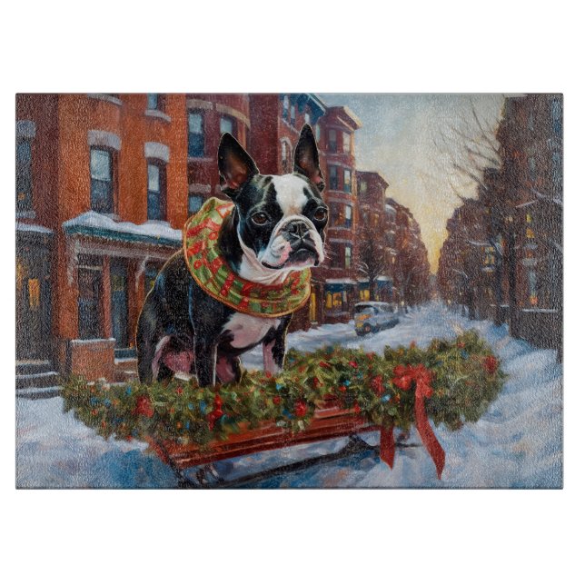 Boston Terrier Weihnachtsfeiertage Schneidebrett (Vorderseite)