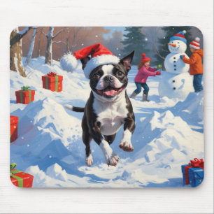 Boston Terrier Weihnachtsfest Schnee Szene Mousepad