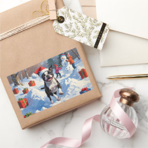 Boston Terrier Weihnachtsfest Schnee Szene Rechteckiger Aufkleber