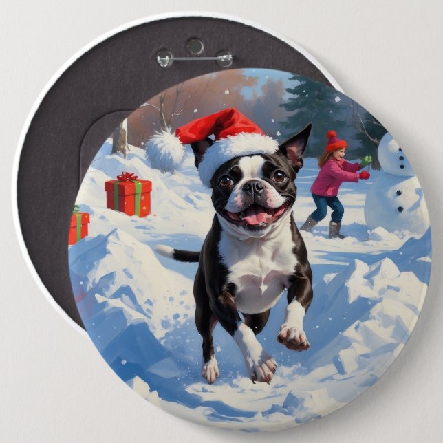 Boston Terrier Weihnachtsfest Schneeszene Button (Vorne & Hinten)