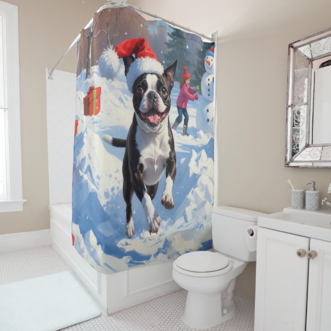 Boston Terrier Weihnachtsfest Schneeszene Duschvorhang (Beispiel)