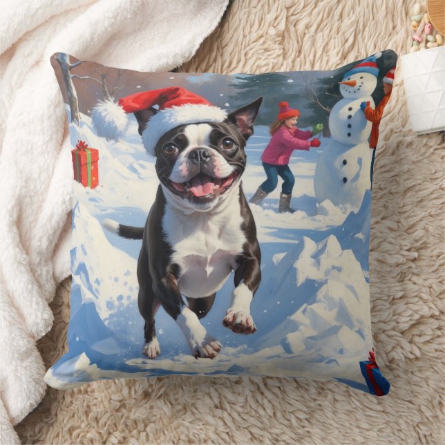 Boston Terrier Weihnachtsfest Schneeszene Kissen (Decke)