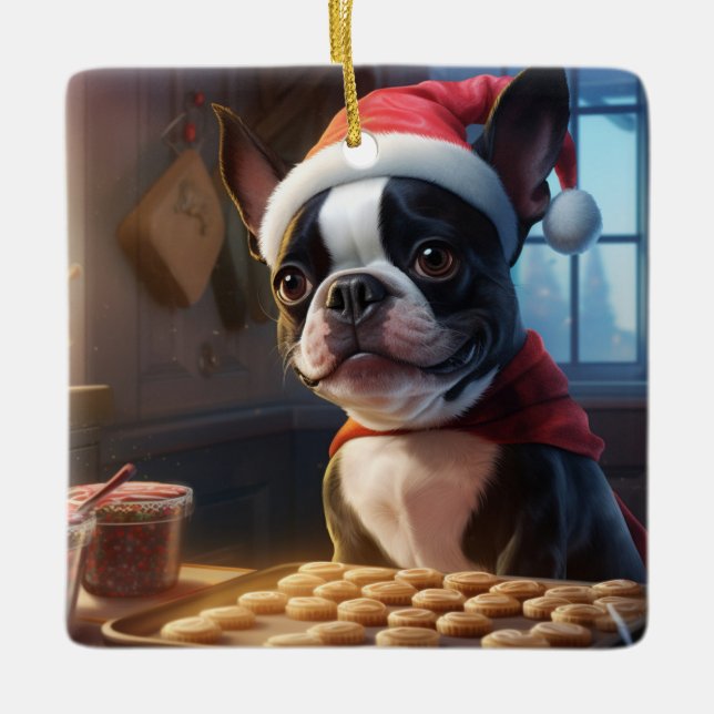 Boston Terrier Weihnachtskost Feiertag Keramikornament (Vorderseite)