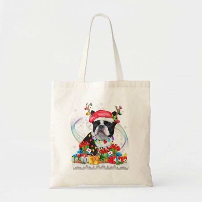 Boston Terrier Weihnachtsmannmütze Reindeer Weihna Tragetasche (Vorne)
