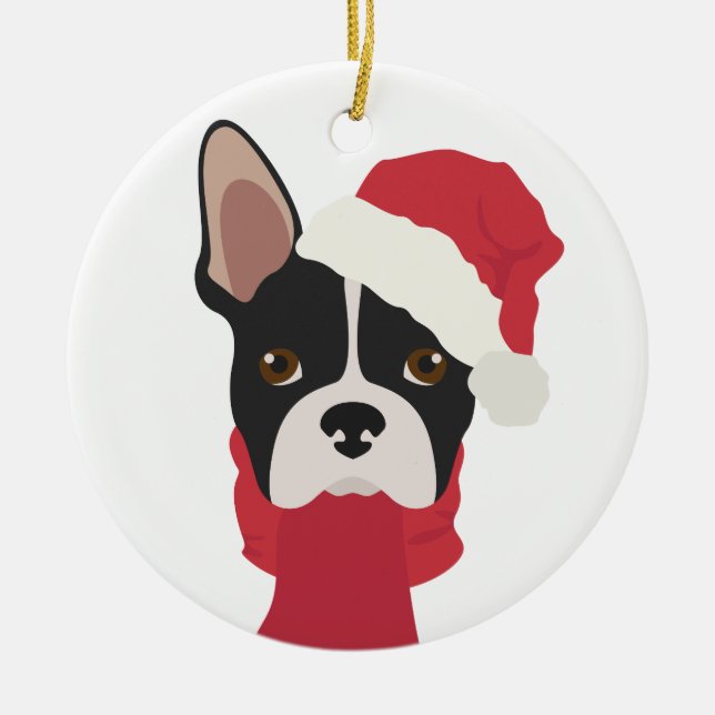 Boston Terrier Weihnachtsschmuck. Snow Keramik Ornament (Vorne)