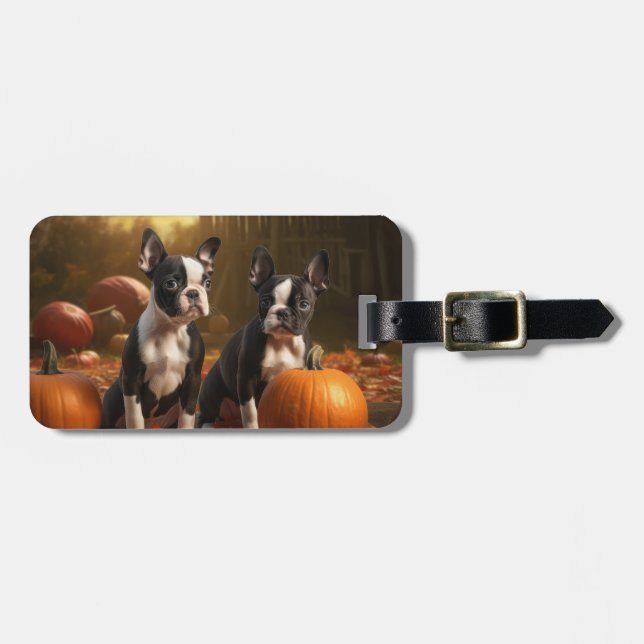 Boston Terrier Welpe Autumn Delight Pumpkin Gepäckanhänger (Vorderseite horizontal)