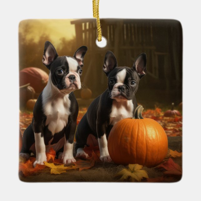 Boston Terrier Welpe Autumn Delight Pumpkin Keramikornament (Vorderseite)