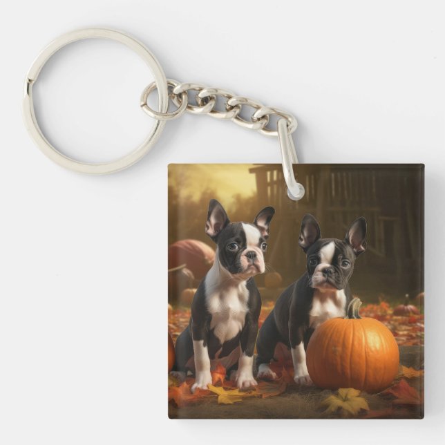 Boston Terrier Welpe Autumn Delight Pumpkin Schlüsselanhänger (Vorderseite)
