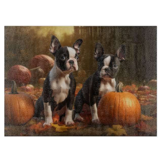 Boston Terrier Welpe Autumn Delight Pumpkin Schneidebrett (Vorderseite)